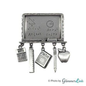 Vintage JJ Jonette Jewelry Math Teacher Pewter Dangling Charms Brooch Pin